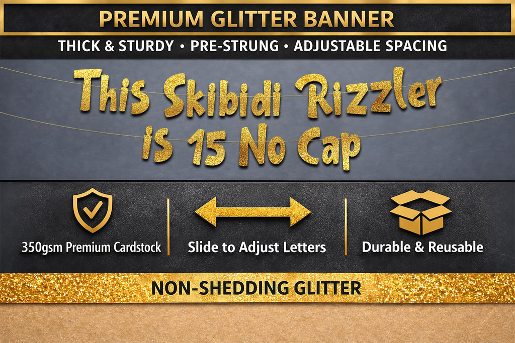 Pre-Strung This Skibidi Rizzler is 15 No Cap Gold Glitter Banner - Funny 15th Birthday Decorations for Teen Boys and Girls - Birthday Party Supplies and Gifts