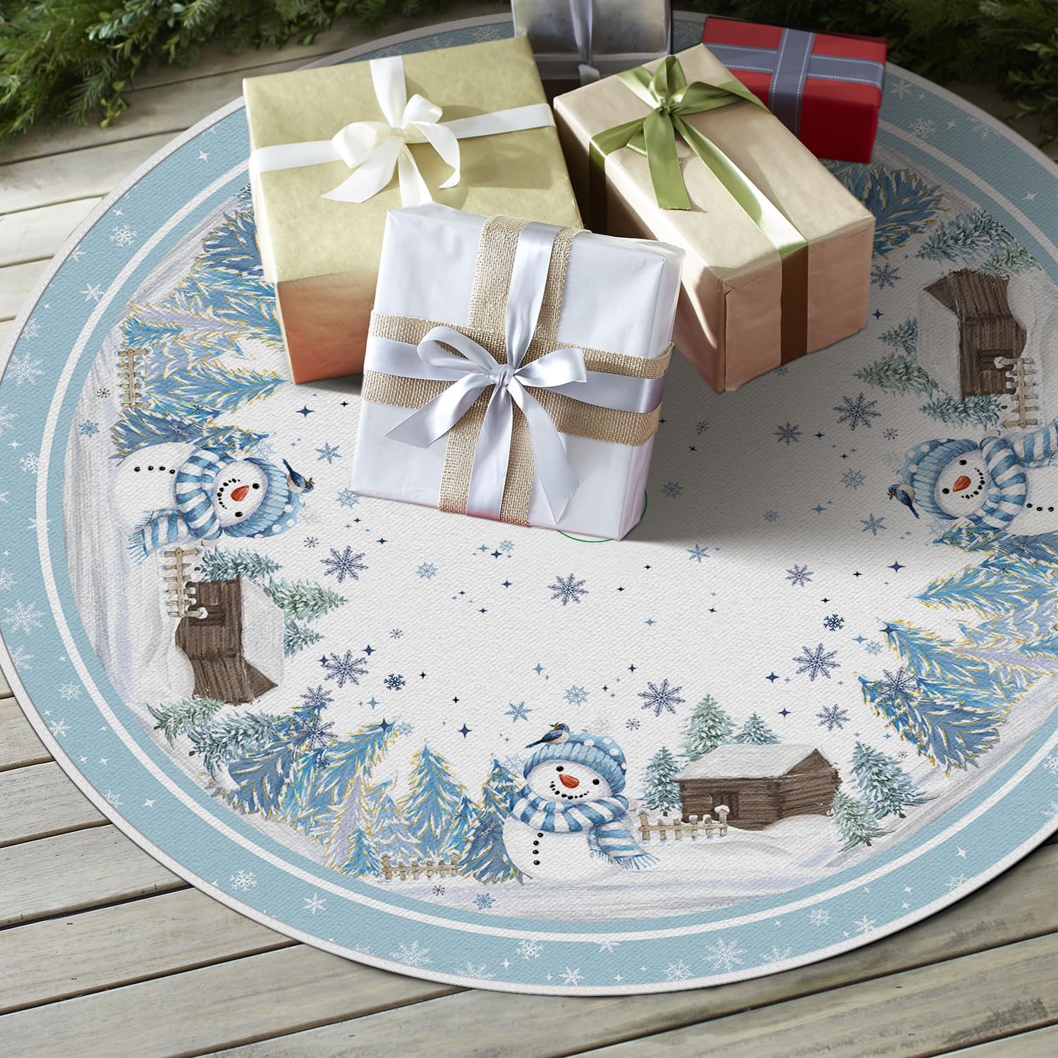AVOIN colorlife Snowflake Snowman Cardinal Christmas Tree Skirt 48 Inch, Winter Holiday Tree Mat Decoration
