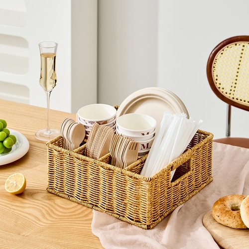 Berdeng Utensil Holder for Party, Paper Plate Dispenser for Countertop, Silverware Caddy for Picnic, Cutlery Holder for Kitchen Camping Buffet, Wicker Basket with 6 Compartments