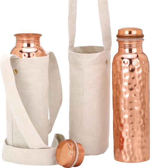 Kitchen Science Authentic Ayurvedic Copper Water Bottle Pack of 2 for Drinking Water | Large 34OZ Copper Vessel | 2 Canvas Bottle Carrying Bags