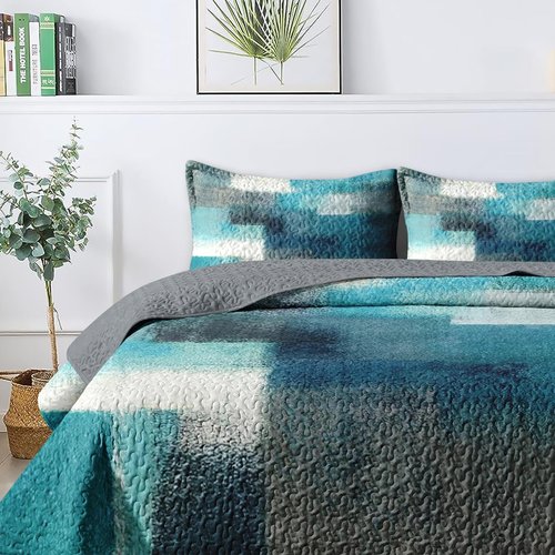 Pamnest Quilt Set Full/Queen Size, Turquoise Grey Painting 3 Pcs Soft Bed Cover Bedding Set for Kids and Adults, Teal Contemporary Gray Lightweight Bedspread Coverlet with Pillow Sham for All Season