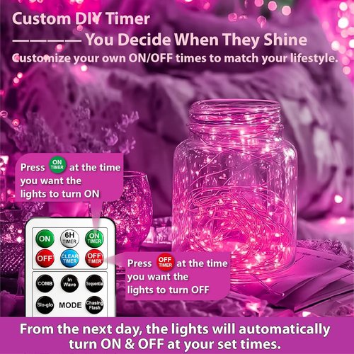 HXWEIYE 6 Pack Rechargeable Fairy Lights - 20 LED Twinkle String Lights with Remote & DIY Timer | 7ft Pink for Weddings & Parties