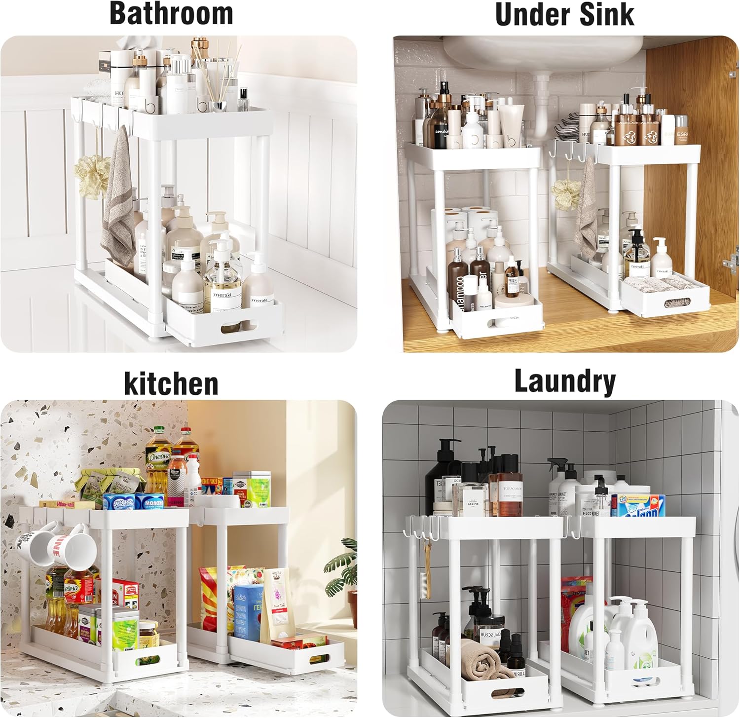 Skiennix Pull-Out Storage Organizers - Multi-Purpose Under Sink Bathroom & Kitchen Organizers | Black, 2 Pack