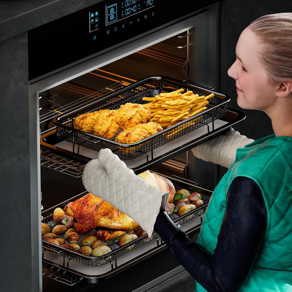 THORSES Air Fryer Basket - Large 15.7" x 11.6" Non-Stick Stainless Steel with 30 Parchment Sheets - Black