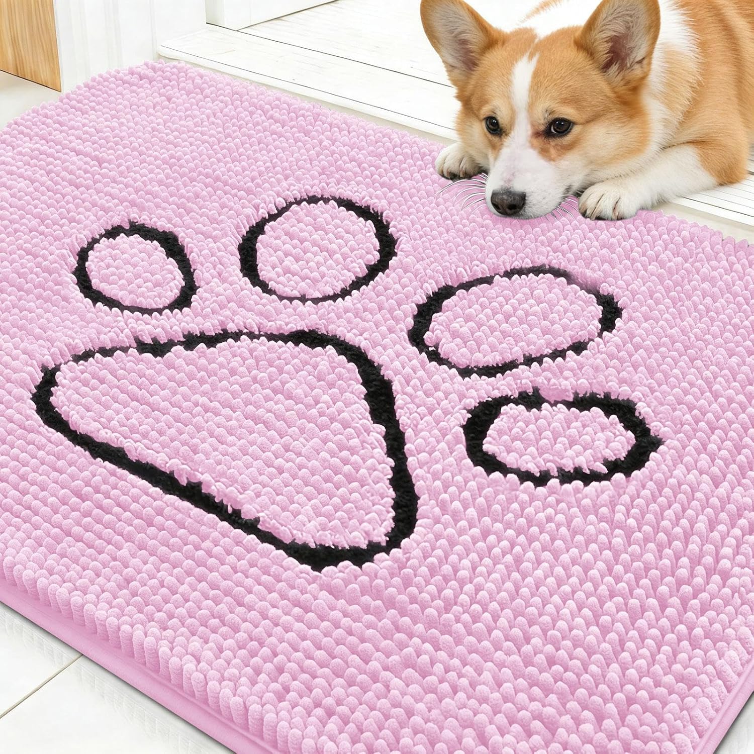 OLANLY Dog Door Mat - Absorbent Non-Slip Mud Mat for Paws | Quick Dry Chenille, 30x20, Pink