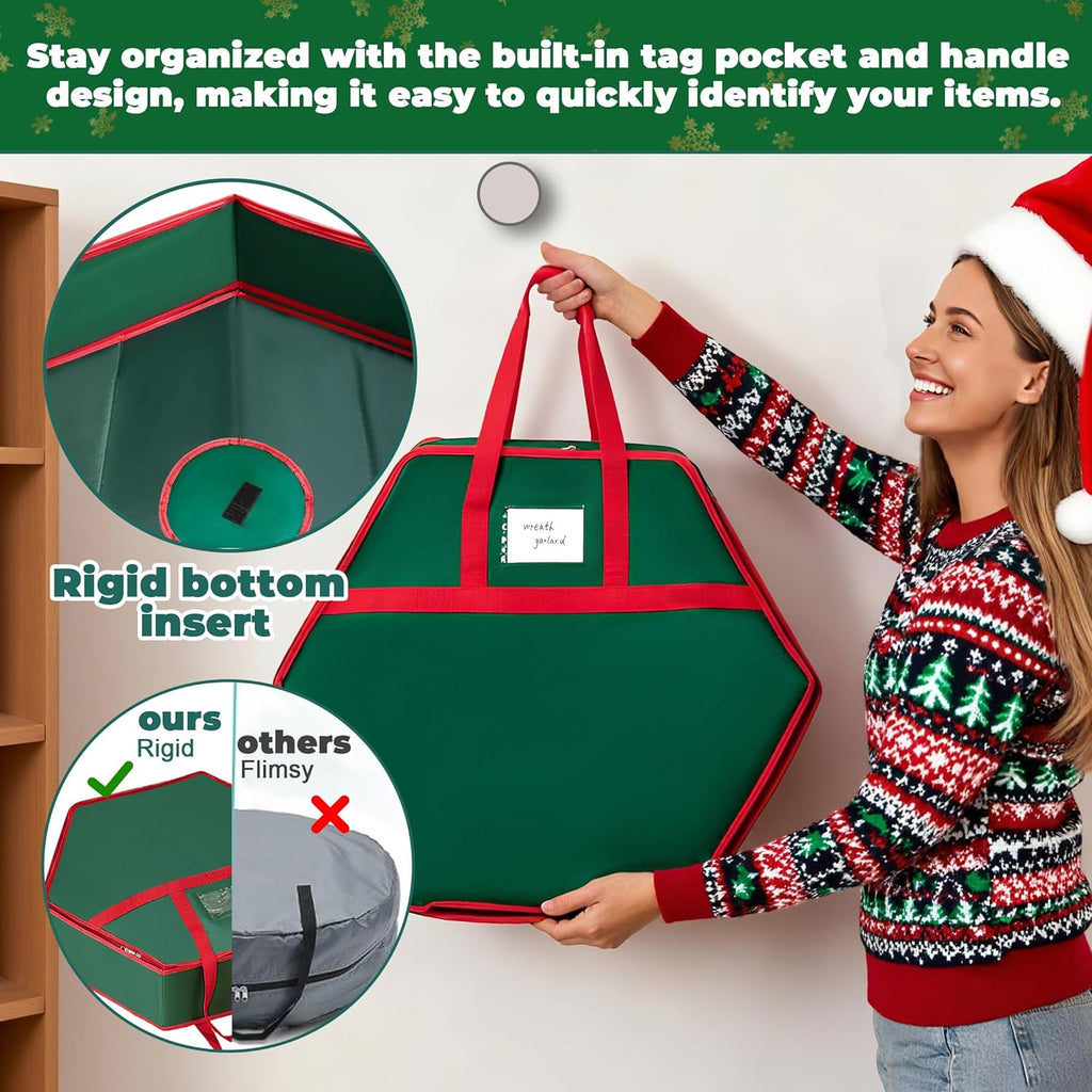 MUDEREK Christmas Wreath Storage Container - 24" Durable Hard Shell Organizer with Pockets & Dual Zipper