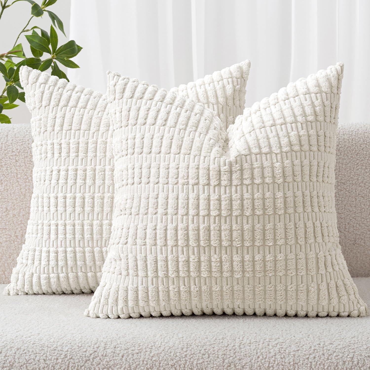 MIULEE Corduroy Throw Pillow Covers - Soft Boho Striped Design | 20x20 Inch Pure White for Modern Home Decor