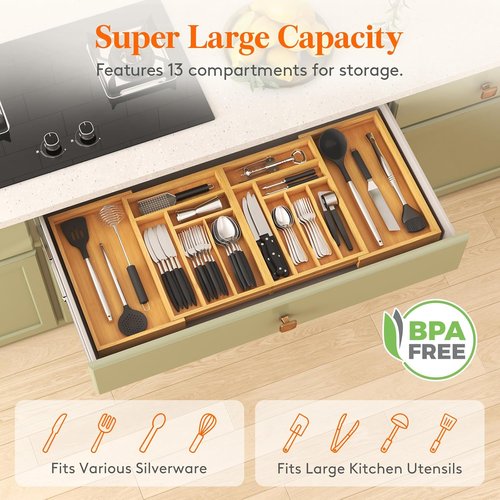 Lifewit Expandable Bamboo Silverware Drawer Organizer - Adjustable Utensil Tray for Kitchen | 21.4 to 36 Inches Wide, 13 Compartments