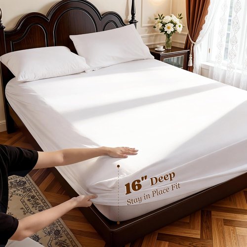 LBRO2M 100% Cotton Queen Size Sheet Set - 4 Pieces, Long Staple, 16-Inch Deep Pocket, Soft & Breathable - White