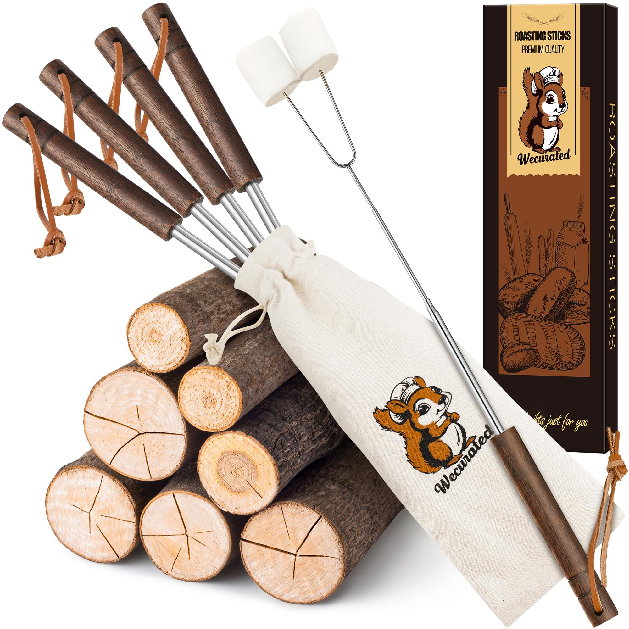 Marshmallow Roasting Sticks Set of 5 - Telescoping Long Smores Stick for Fire Pit Campfire Grill Bonfire Party BBQ Accessories with Storage Bag