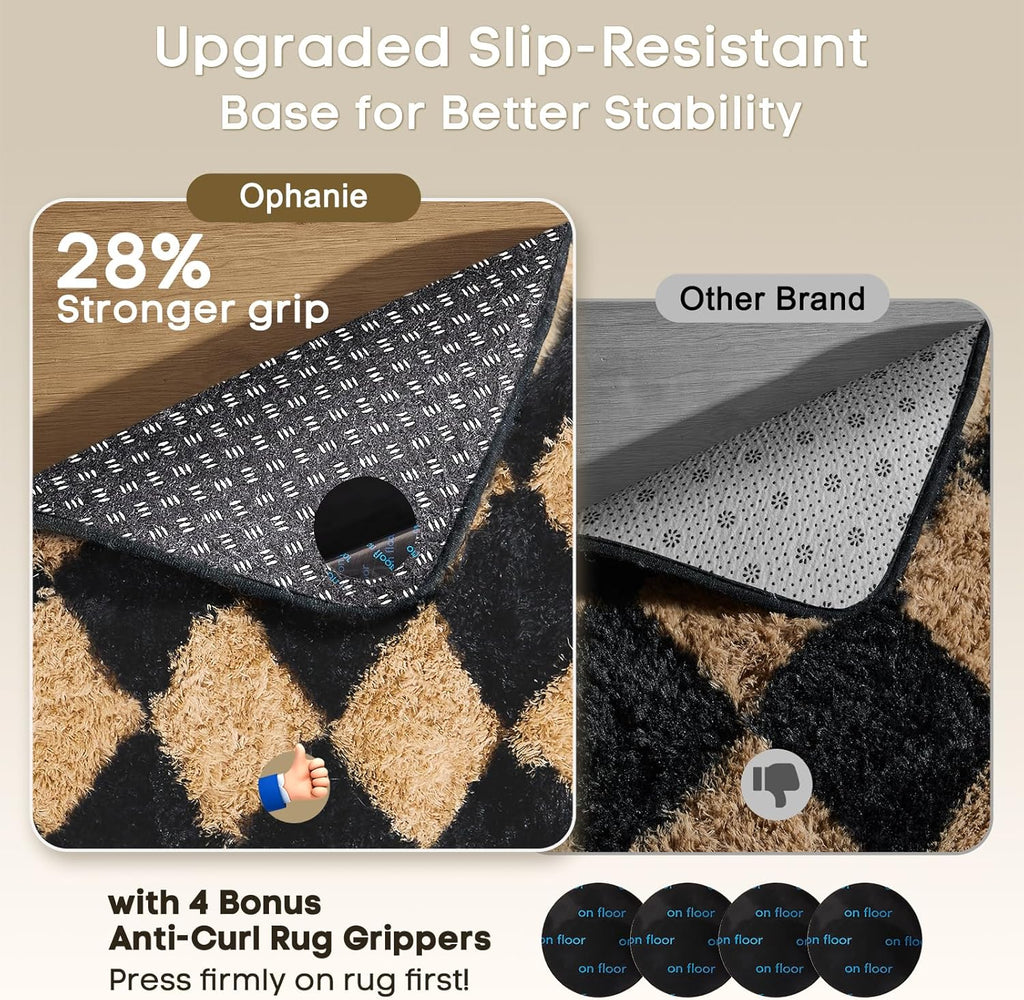 Ophanie Checkered Black & Beige Area Rug - Soft Fluffy Shaggy Carpet for Living Room & Bedroom | 4x6 Furry Design