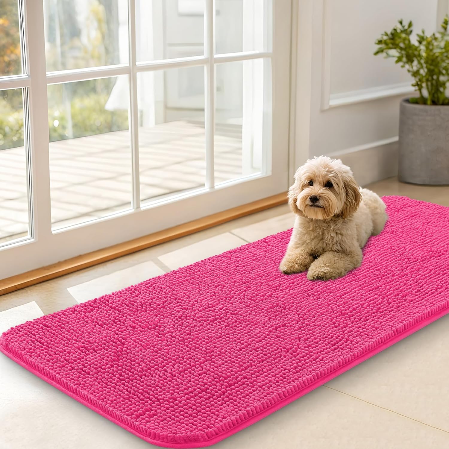OLANLY Dog Door Mat - Absorbent Non-Slip Washable Chenille Mat for Muddy Paws | 47x20 Hot Pink