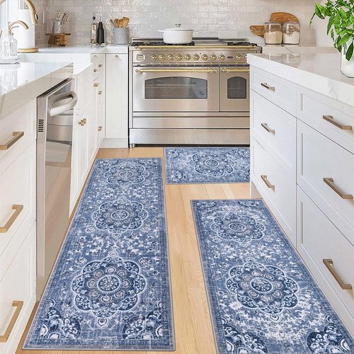 Ileading Boho Kitchen Rugs Sets 3 Piece with Runner Floral Kitchen Floor Mat Carpet Large Farmhouse Kitchen Rugs and Mats Non Skid Washable Runner Rug for Kitchen Floor Office Sink Laundry, Blue