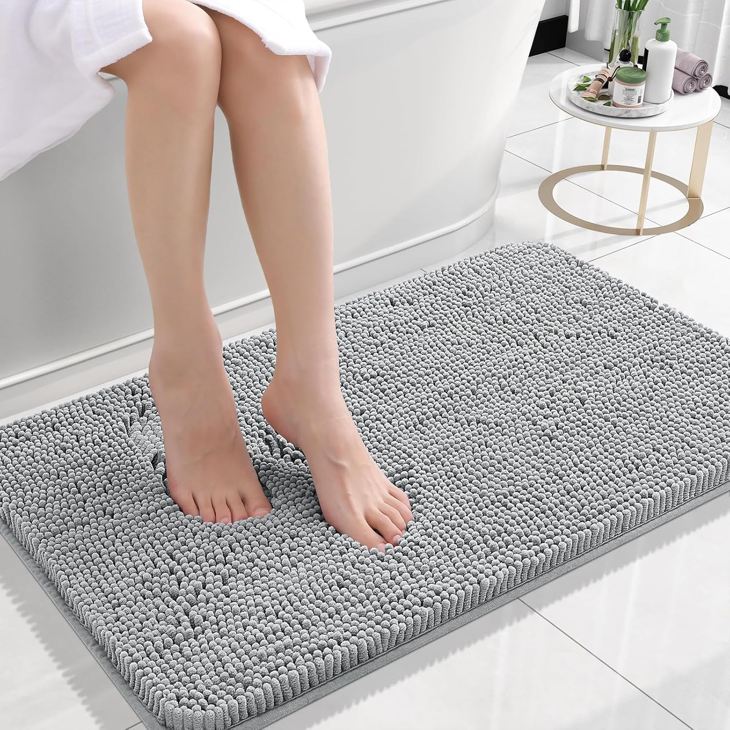 OLANLY Bathroom Rugs - Extra Soft Chenille Bath Mats with Rubber Backing | 24x16, Quick Dry, Light Grey