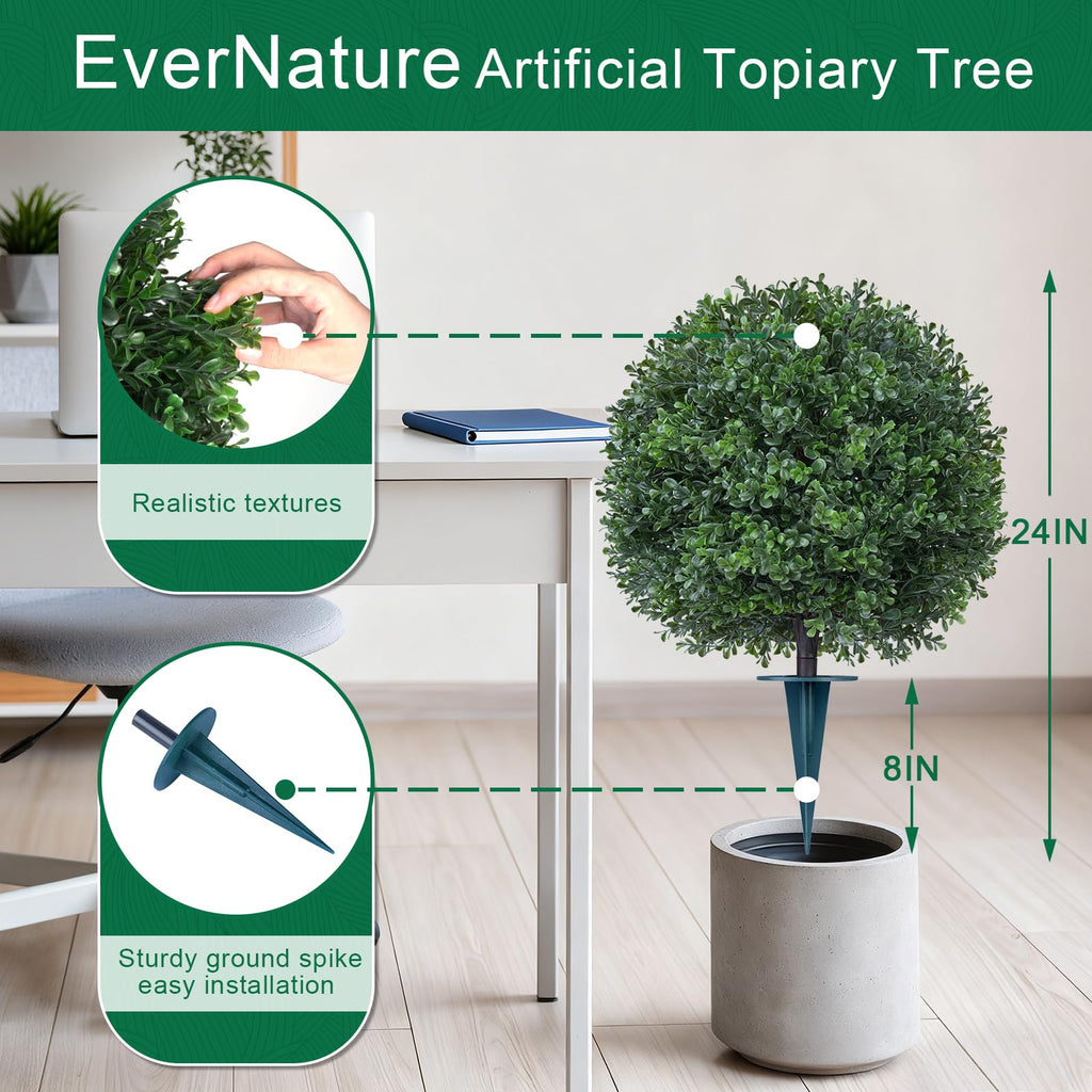 EverNature 2Pack Artificial Boxwood Topiary Ball Trees,16''UV Resistant Fake Evergreen Shrubs Bushes Plants with Ground Spike, Fake Plants for Outdoor Indoor Front Porch Garden
