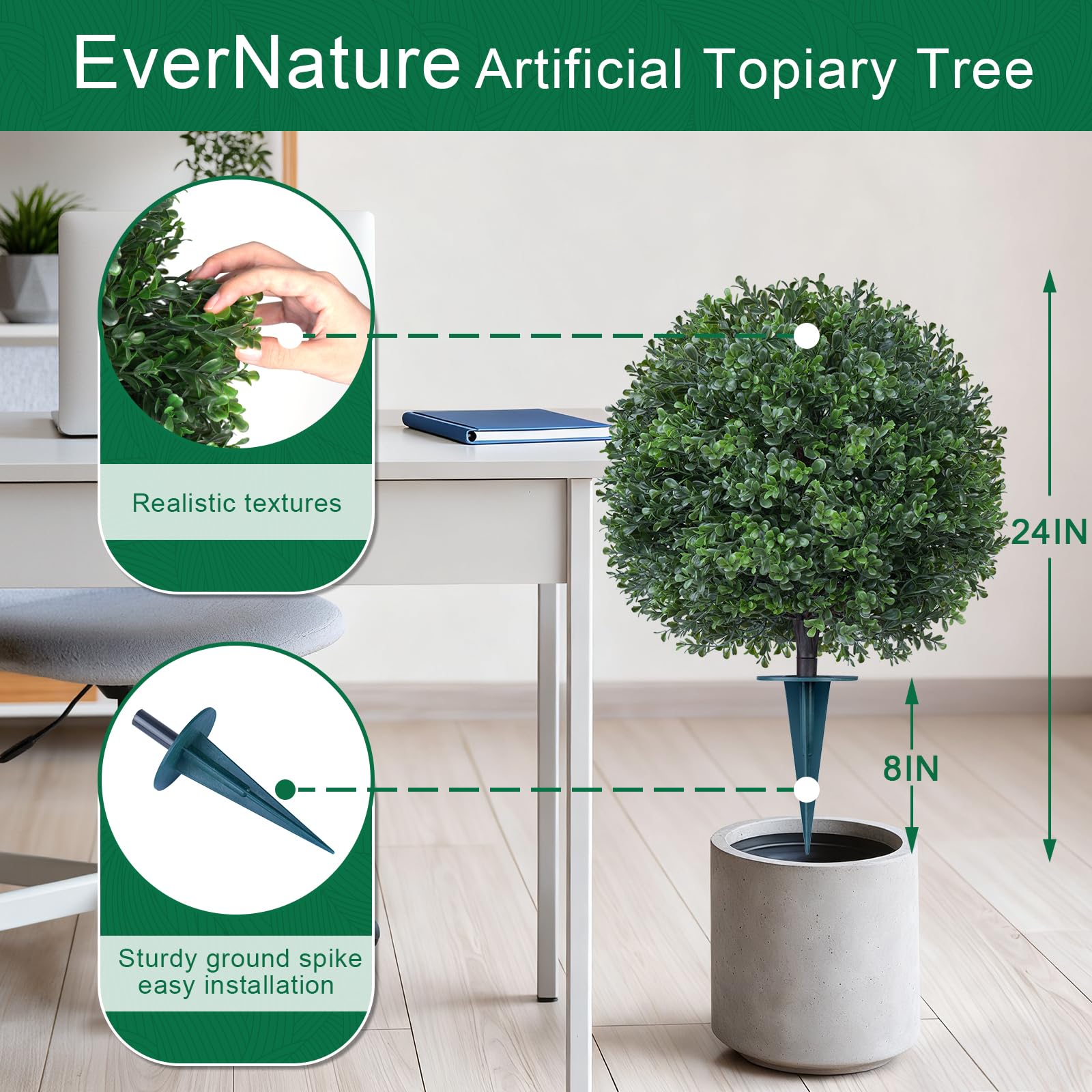 EverNature 2Pack Artificial Boxwood Topiary Ball Trees,16''UV Resistant Fake Evergreen Shrubs Bushes Plants with Ground Spike, Fake Plants for Outdoor Indoor Front Porch Garden