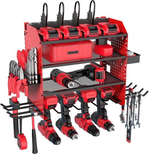 Heavy Duty Power Tool Organizer by [Brand Name] - Wall Mount with Charging Station & Adjustable Shelves | Holds 4 Drills, 2 Hooks