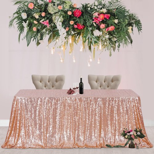 Poise3EHome Rose Gold Sequin Tablecloth 90×132 Inch Rectangle Sparkly Fabric Table Cover for Birthday Christmas Wedding Party Holiday Baby Shower Cake Table Decoration