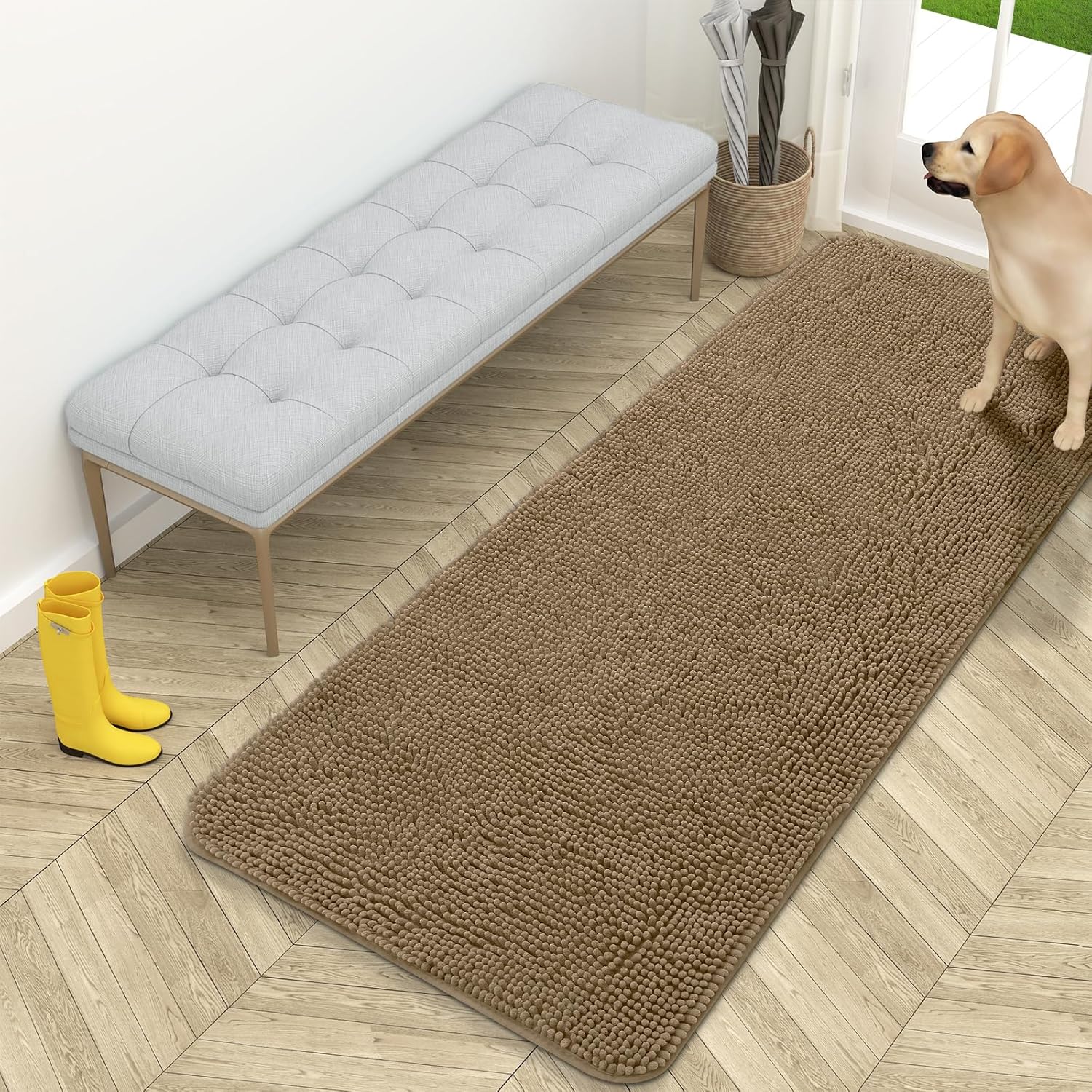 OLANLY Dog Door Mat - Absorbent Non-Slip Chenille Mat for Muddy Paws | 59x24 Inches, Tan