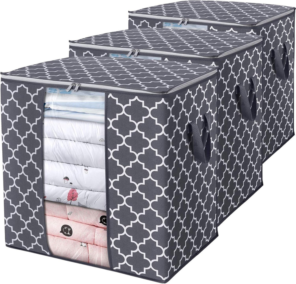 WISELIFE Storage Bags - Large 100L Blanket & Clothes Organizer | Foldable with Reinforced Handles & Clear Window - Gray (3 Pack)