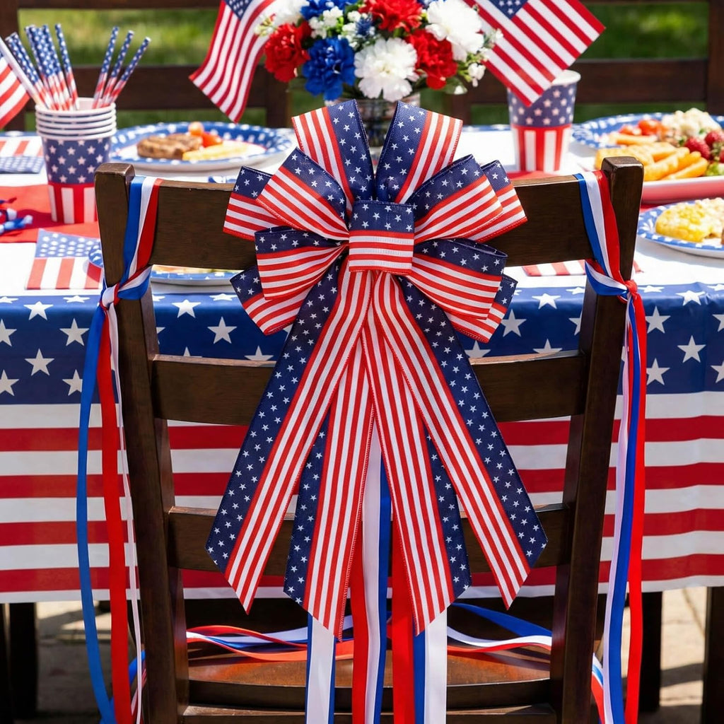 Patriotic Classic Large Red White Blue Bow - 20.87" Wired Edge Pre-Made Flag Bow for Wreaths & Doors