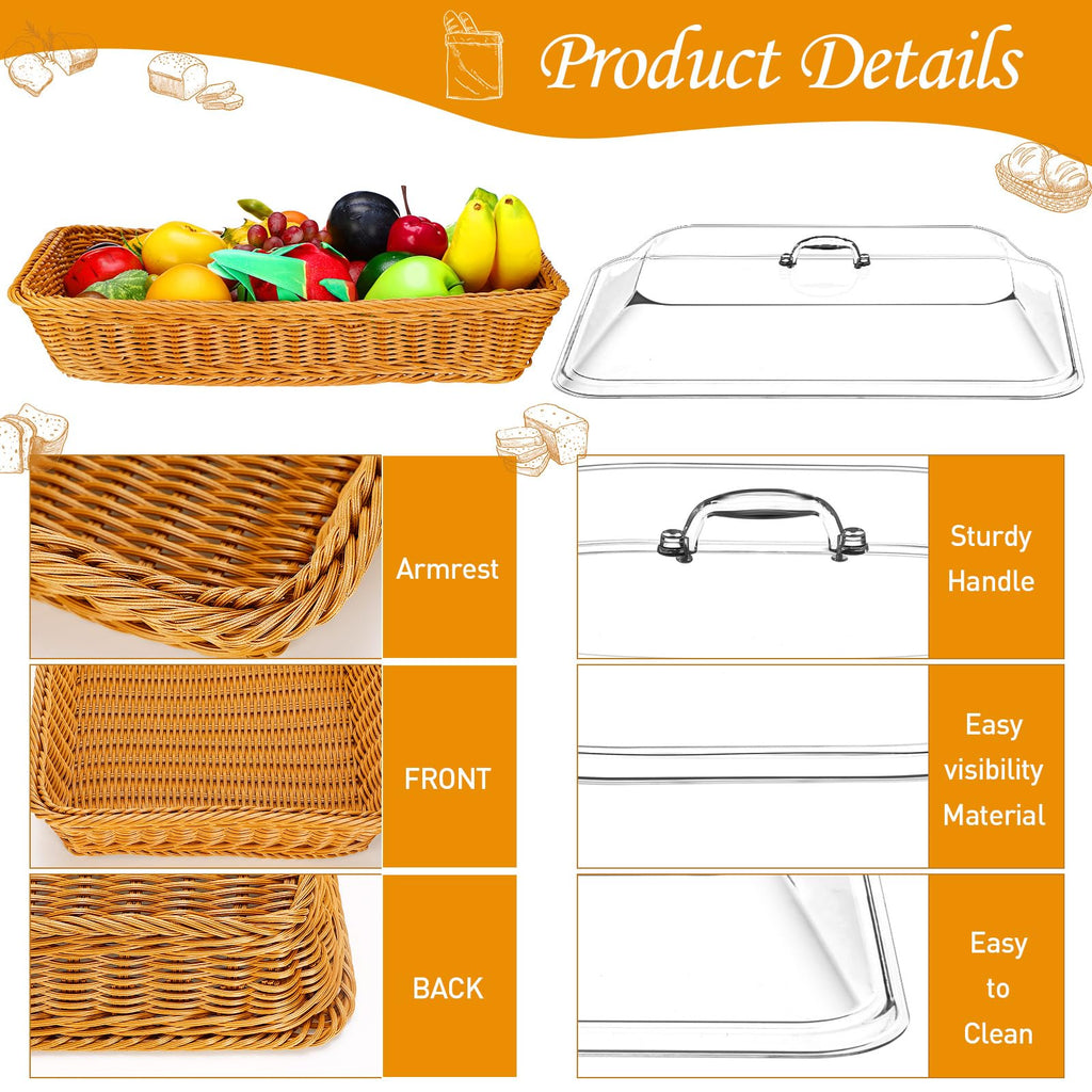 Mumufy 2 Pack Wicker Large Bread Basket with Acrylic Lid Housewarming Gift Woven Rectangular Imitation Rattan Fruit Basket with Cover for Serving Food Display Tabletop Home Kitchen(17.72x13.78'')