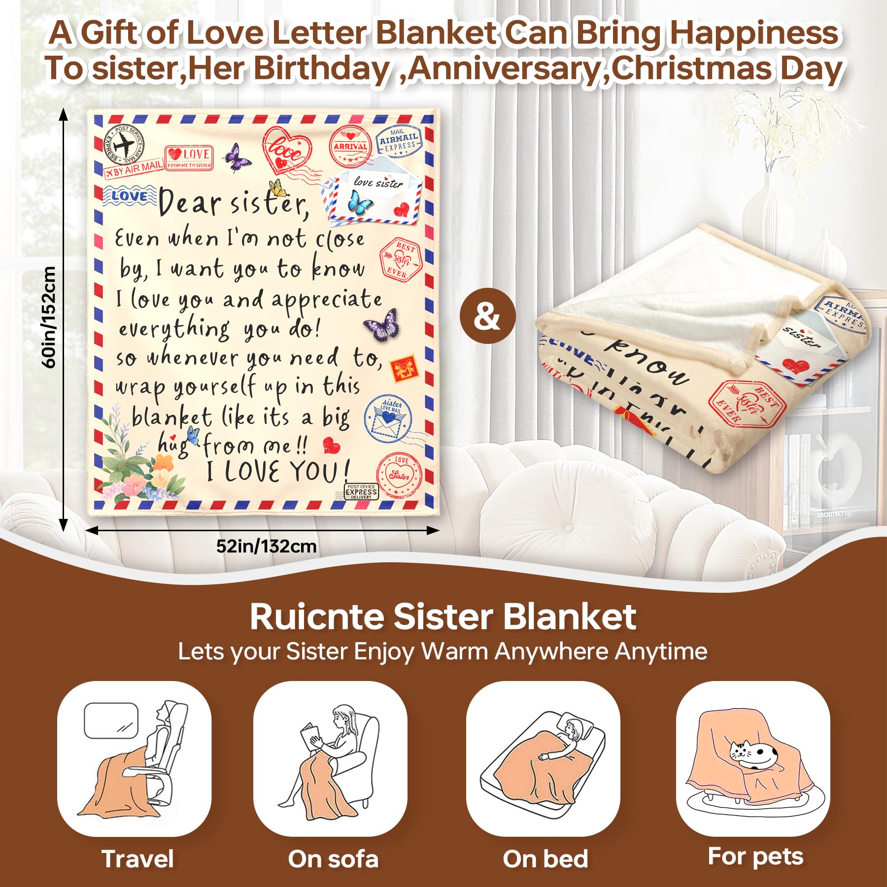 Sister Gifts Throw Blanket for Sisters Mother's Day,Sister Birthday Gifts,Super Soft Flannel Love Present A Letter Blankets with Butterfly 52"x60" for Christmas,Valentines Day,Bed,Couch