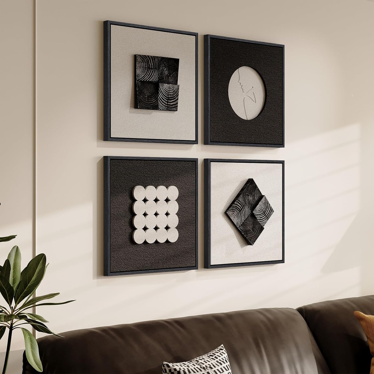 Skiennix 3D Wood Textured Wall Art Set - Modern Black & White Geometric Paintings for Home Decor