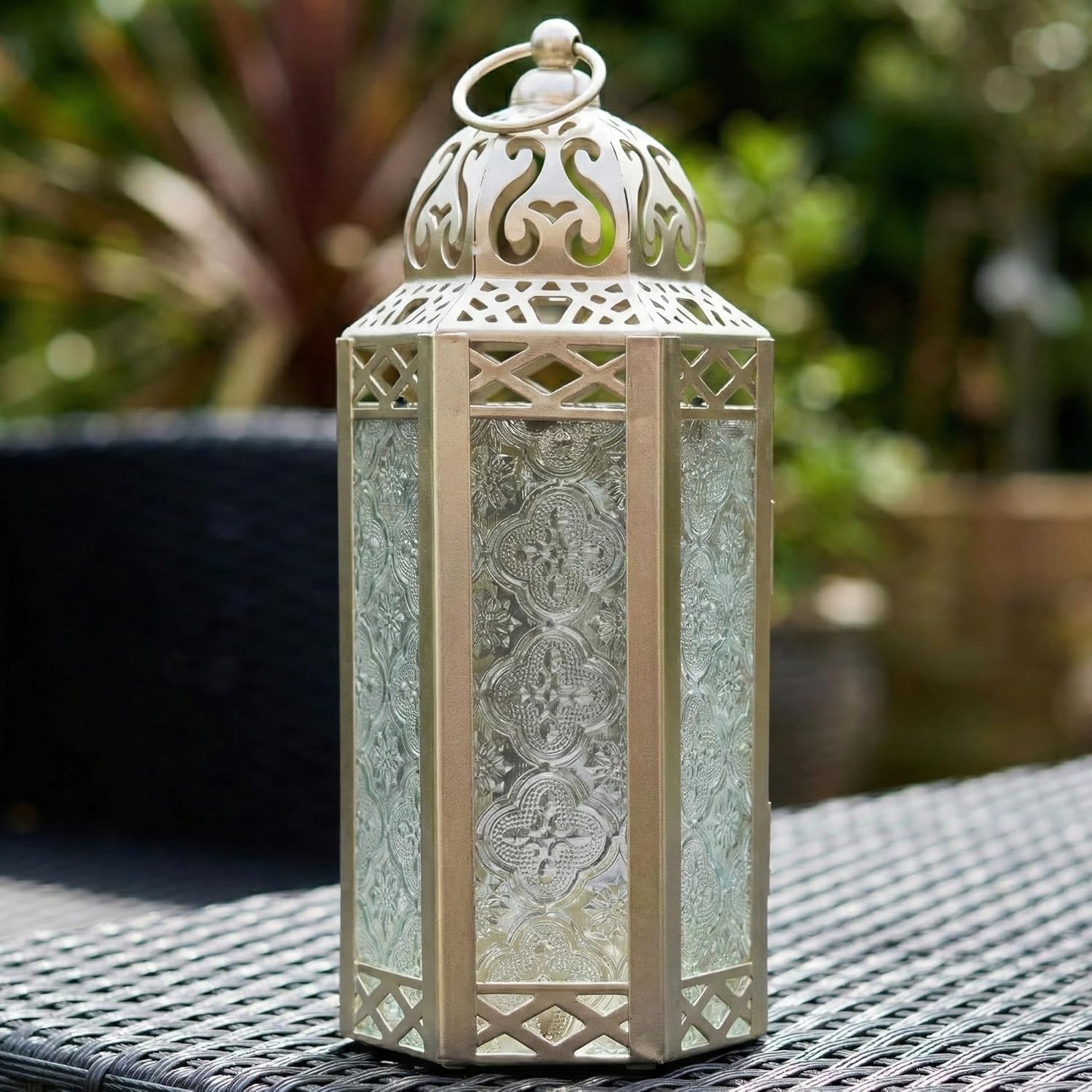 VELA Lanterns 10.5" White Gold Moroccan Candle Lantern - Elegant Decorative Holder for Indoor/Outdoor Use