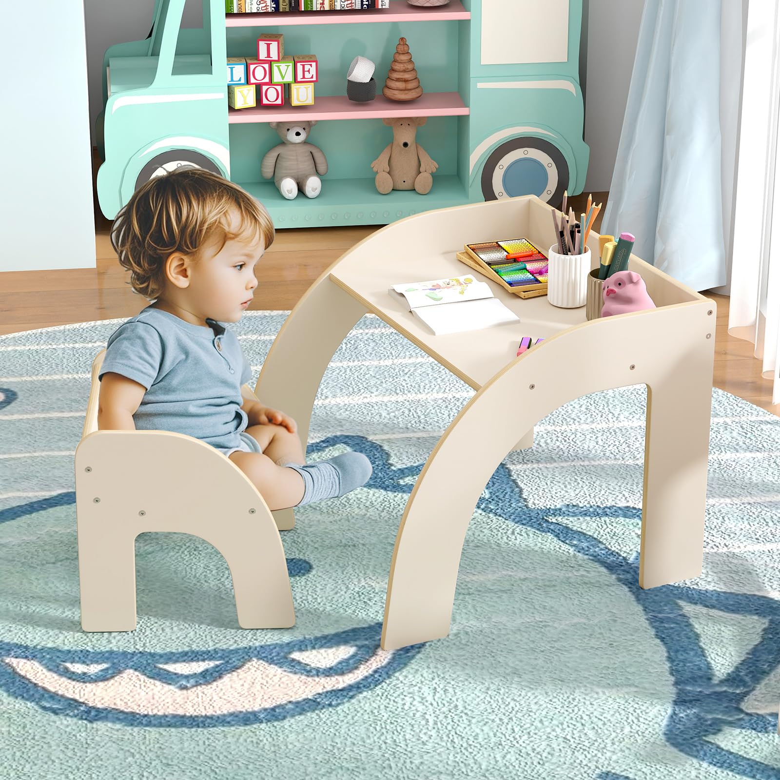 Costzon Kids Table and Chairs, Montessori Weaning Wooden Desk and Chair w/Wide Tabletop, Curved Edges, Space-Saving Design for Kids' Room, Nursery and Playroom, Toddler Table and Chair Set (Beige)