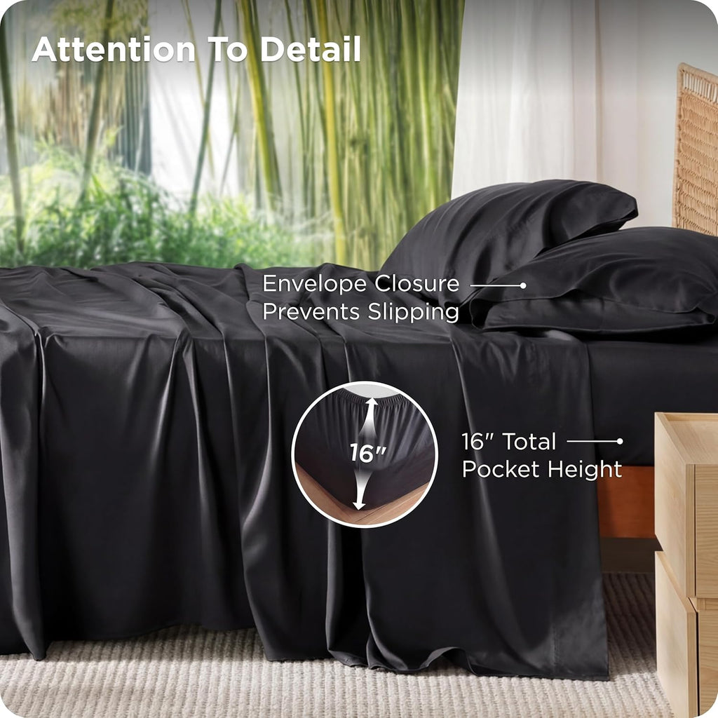 PureWoven King Size Sheet Set - Cooling Rayon Bamboo Sheets | Deep Pocket, Soft & Breathable Black Bedding for Hot Sleepers