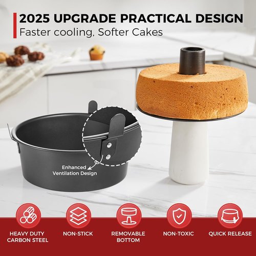 HONGBAKE 10-Inch Angel Food Cake Pan - Nonstick Removable Bottom, Heavy Duty Chiffon Mold, Dark Grey