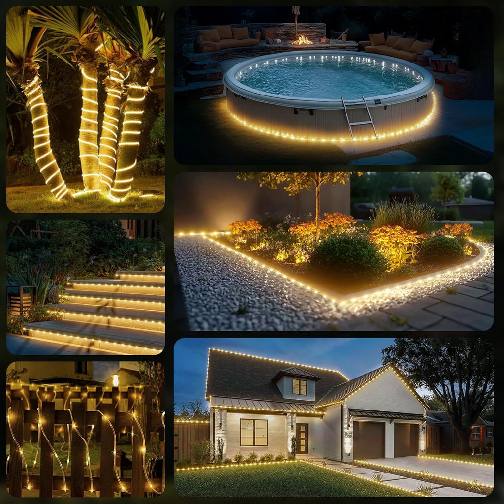 Skiennix 100FT LED Rope Lights - Waterproof Outdoor Lighting with Remote, 8 Modes & 4 Brightness Levels | Warm White for Garden & Patio Decor