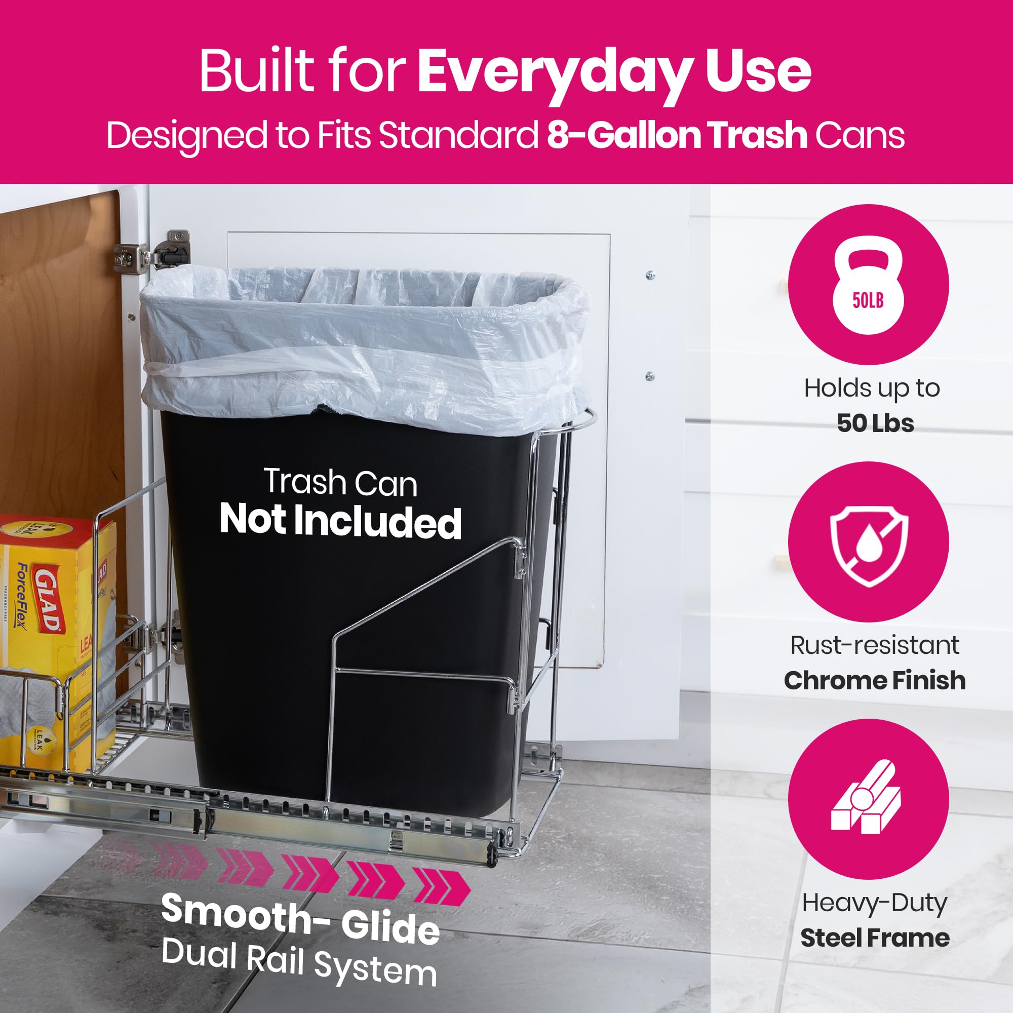 HOLDN’ STORAGE Pull Out Trash Can Under Cabinet - Trash Can Not Included - Dedicated Space for Disposable Trash Bags, Requires a 11” Cabinet Opening, Adjustable, Heavy Duty, Anti Rust Chrome Finish