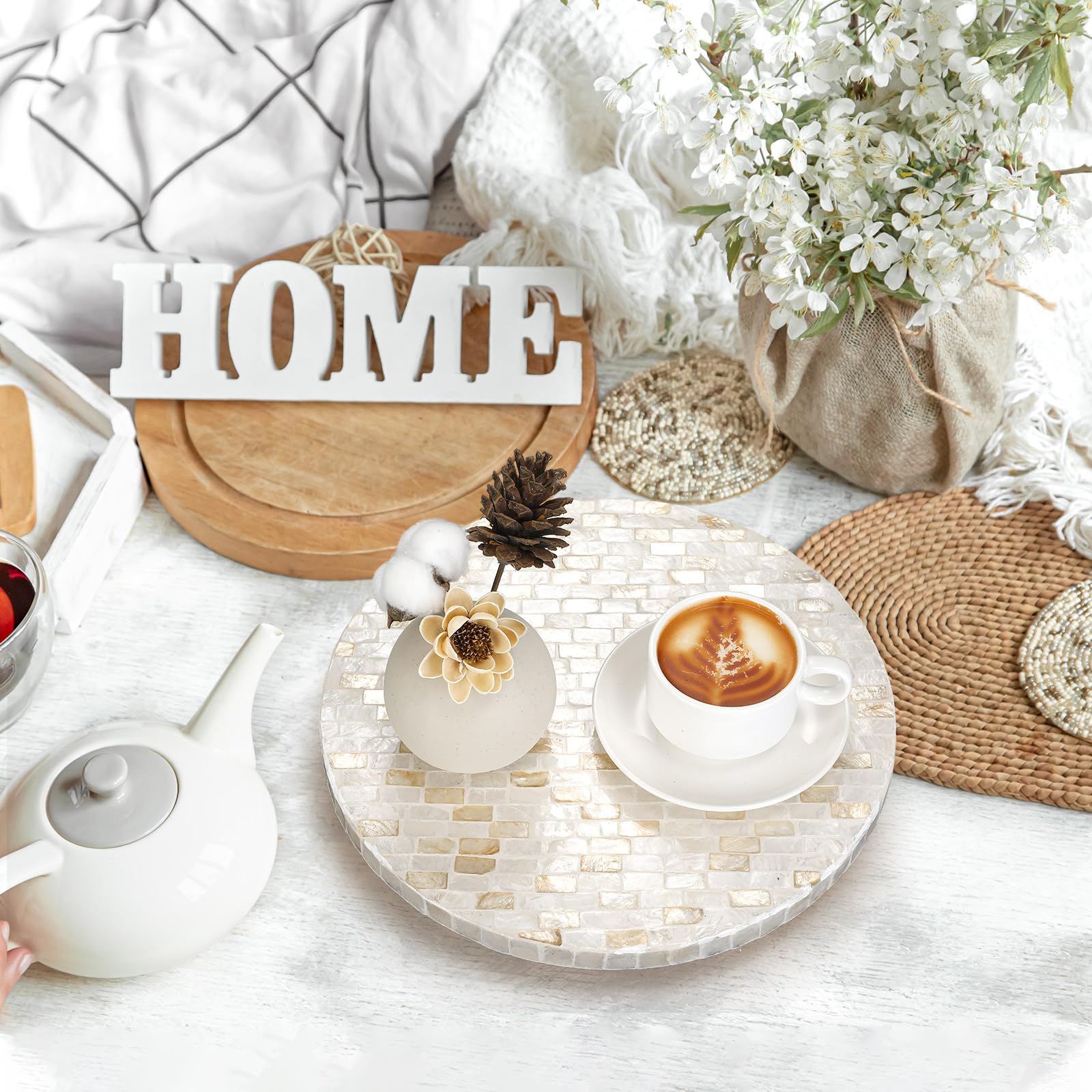 Reallnaive Mother of Pearl Lazy Susan for Table Turntable Organizer Wood Round Spinning Tray Rotating for Kitchen Cabinet Counter Spice Pantry 12 Inch (Marble Pattern)