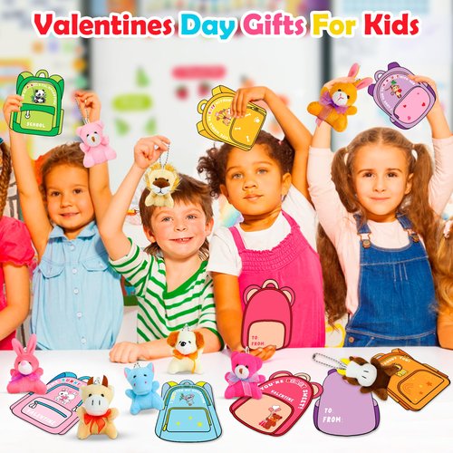 Valentines Day Gifts for Kids, 28 Pack Valentines Cards with Animals Plush Toys, Mini Stuffed Animal Keychain Bulk for Classroom Exchange School Prizes Valentine's Party Favor for Toddlers Boys Girls