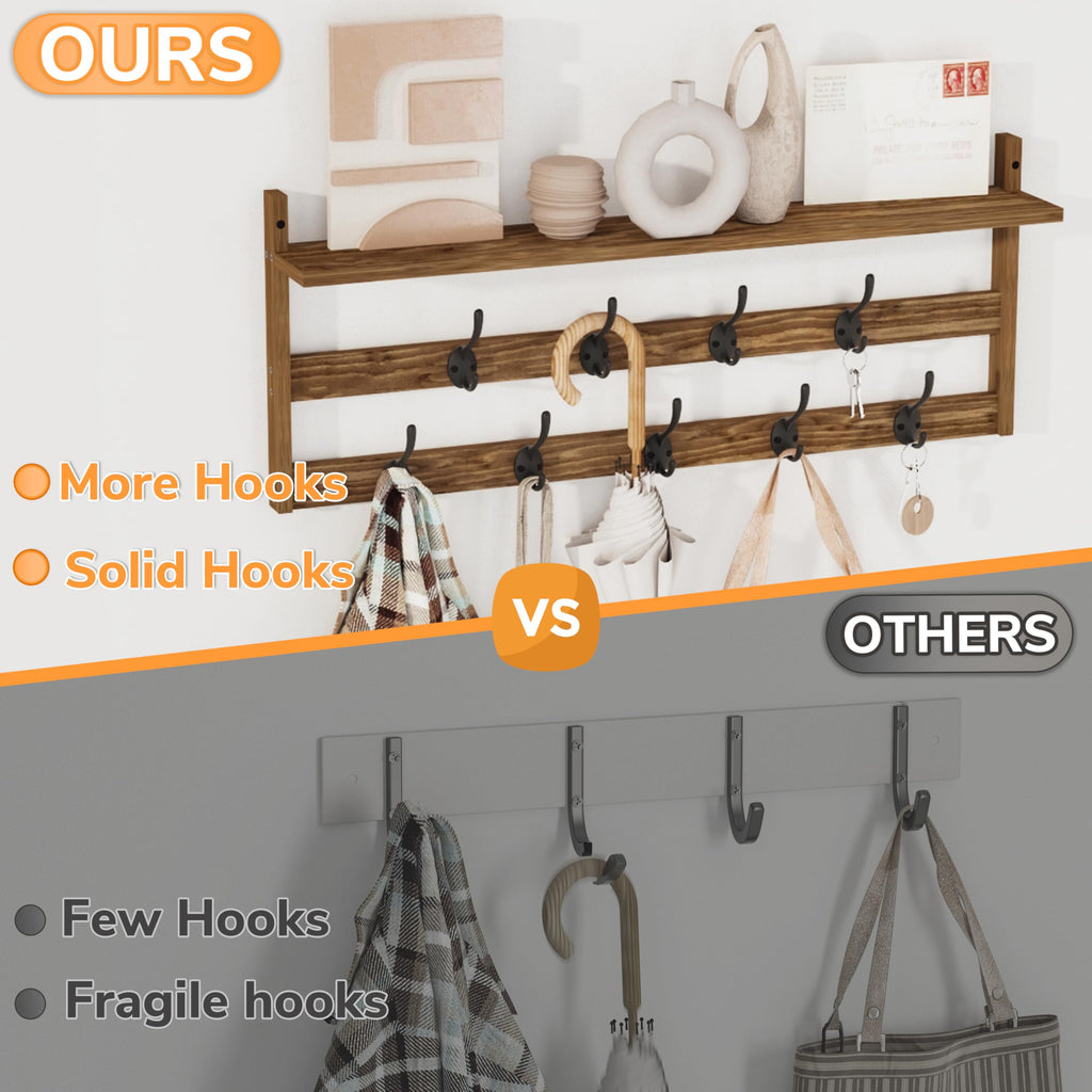 AMBIRD Coat Rack Wall Mount with Shelf, 29" Coat Hooks Wall Mounted with 9 Metal Hooks for Entryway, Bathroom, Bedroom, Living Room, Kitchen, 2 Tier Wall Hooks for Clothes, Hat, Towel, Key, Purse