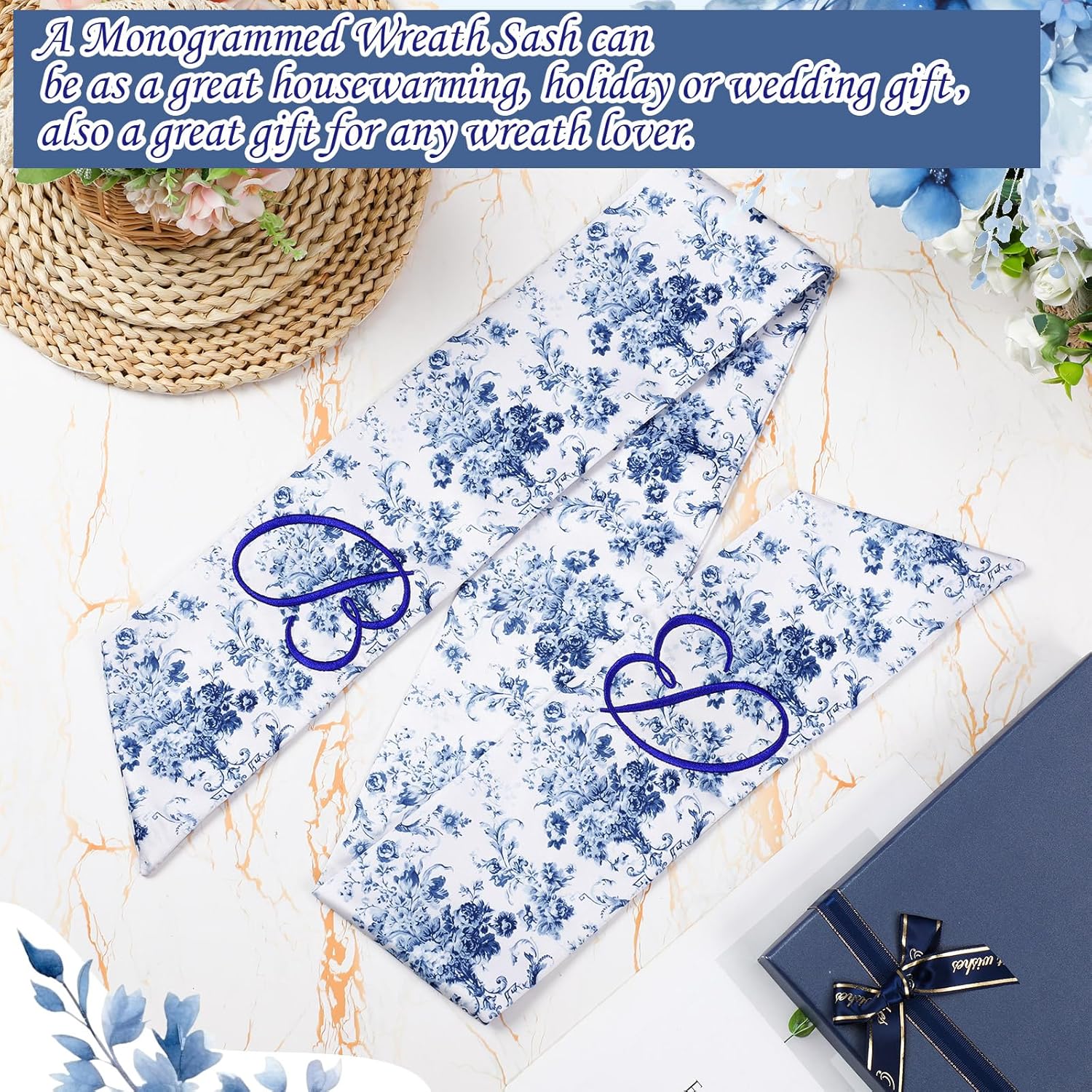 Mindsoft Monogram Wreath Sashes - Embroidered Letter B Chinoiserie Design | 56.2 Inch Blue & White Door Decor