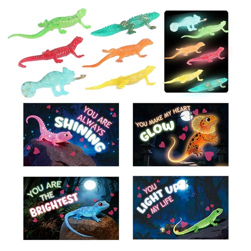 euoloar 28 Pack Valentines Day Cards with Glow in the Dark Lizards Toys for Gifts Party Favor, Bulk Valentine Gift for Kids, Classroom Exchange Prize, Valentine’s Greeting Cards