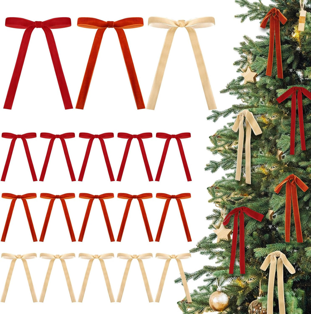 Skiennix 24 Pcs Velvet Bows - Vintage Ribbon Bows for Christmas Tree & Crafts | 5 x 7 Inch, Terracotta