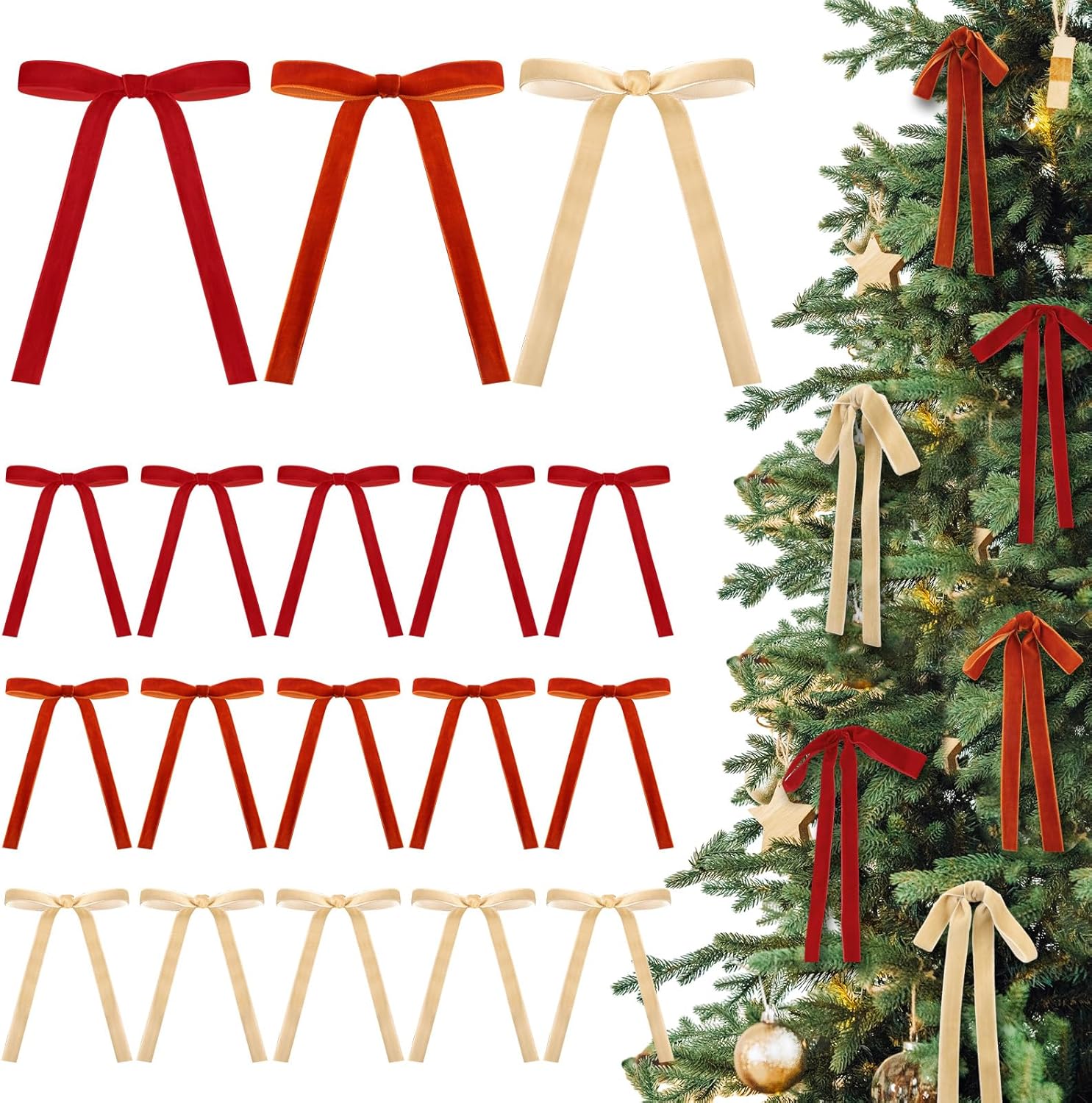 Skiennix 24 Pcs Velvet Bows - Vintage Ribbon Bows for Christmas Tree & Crafts | 5 x 7 Inch, Terracotta