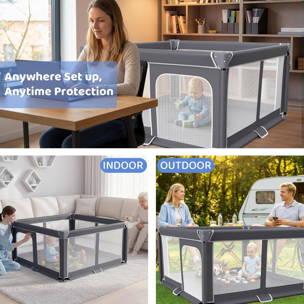 Skiennix Foldable Baby Playpen - 50"x50" Portable Safety Play Yard for Indoor & Outdoor Use - Dark Gray
