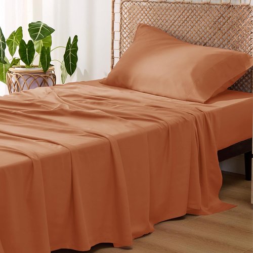 Bedsure Cooling Sheets - Twin XL Bamboo Rayon | Breathable & Soft Deep Pocket Bedding in Burnt Orange