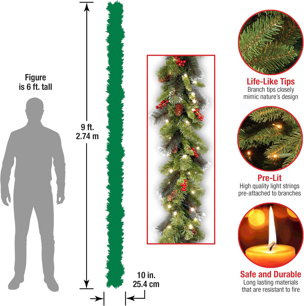 National Tree Company 9 ft Pre-Lit Crestwood Spruce Christmas Garland - Glitter, Pinecones & 50 LED Lights