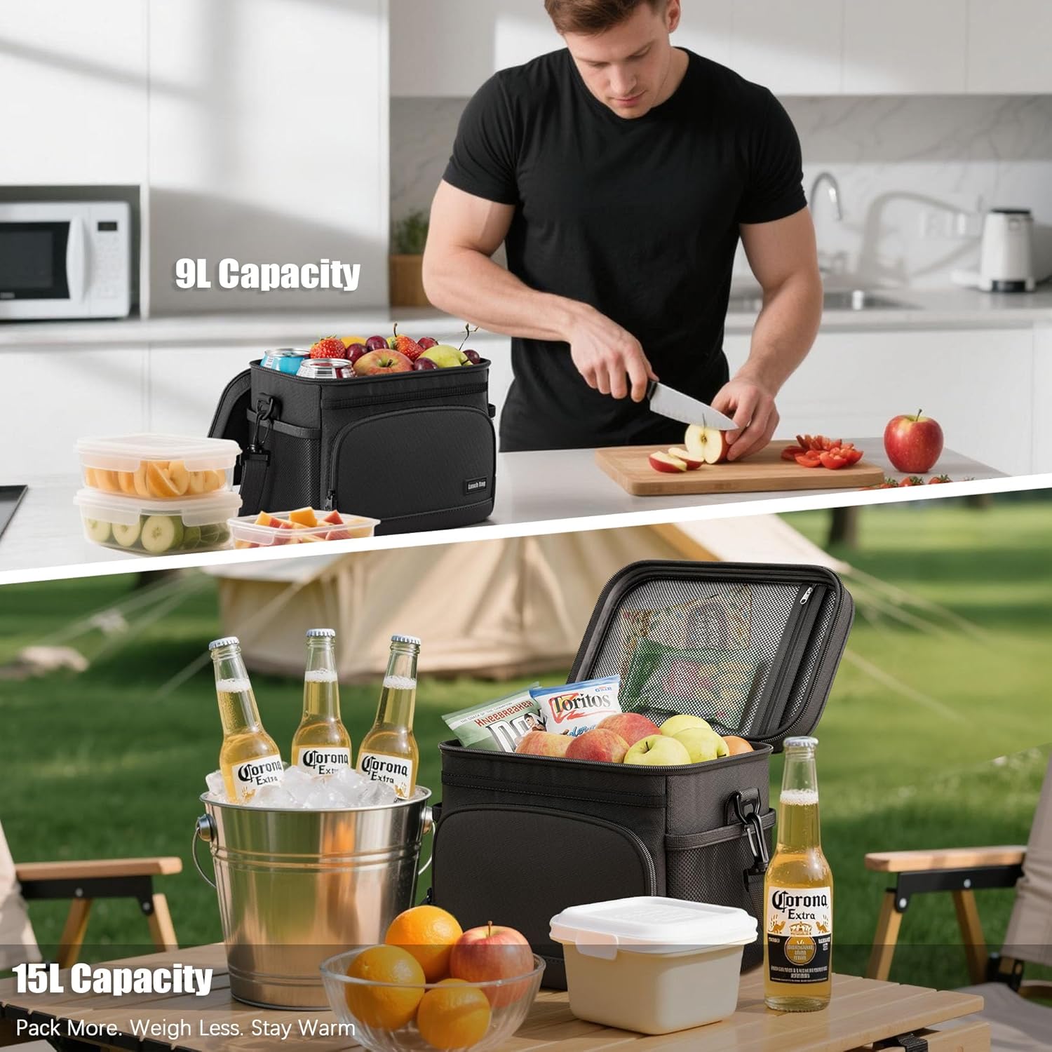Skiennix Insulated Lunch Bag - Soft Cooler Tote for Work, Travel & Picnic | Black, 9L Capacity