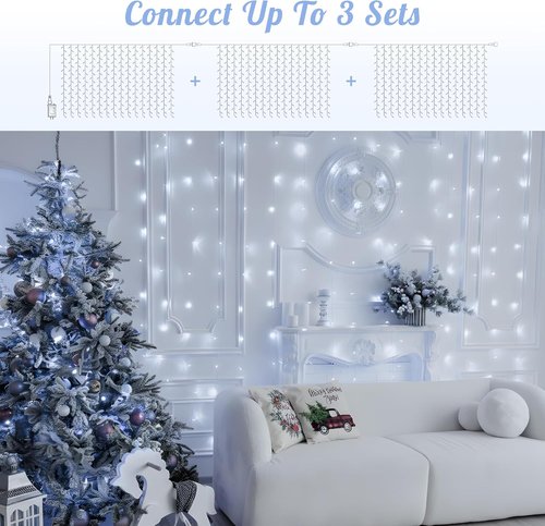 HEYFUNi 304 LED Curtain Lights - 9.8Ft x 9.8Ft Connectable Fairy Lights with 8 Modes for Bedroom & Wedding Decor - White