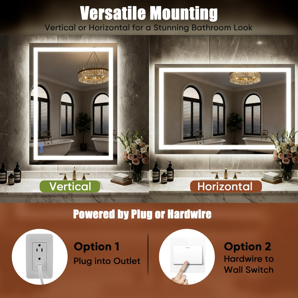 Bimno LED Bathroom Mirror with Lights 24"x32", Wall-Mounted Vanity Mirrors Front & Backlit Light Control Stepless Dimmable Anti-Fog Memory 3 Color Temperatures Shatter-Proof Tempered Glass