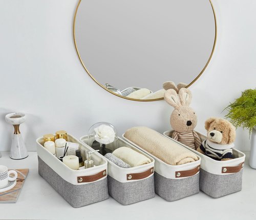 DECOMOMO Narrow Storage Bins - Small Organizing Baskets for Bathroom & Entryway | Grey & White Set of 4
