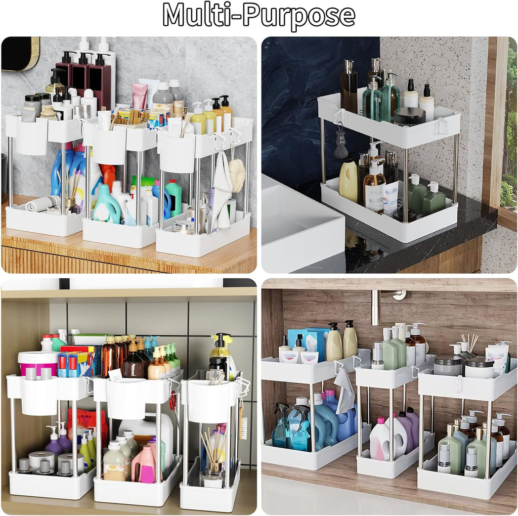 Skiennix 3 Pack Under Sink Organizers - 2 Tier Bathroom Cabinet Shelf with Hanging Cups | White