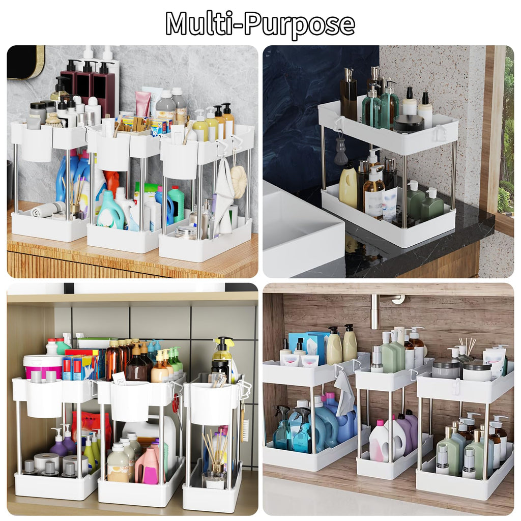 JYSMYWS 3 Pack Under Sink Organizers and Storage, 2 Tier Bathroom Cabinet Organizer Shelf with Hanging Cups for Kitchen & Bathroom (White)